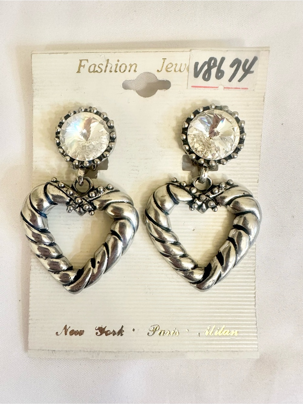 VTG Silver Heart Drop Earrings with Clear Crystal Studs (Moderate Weight)